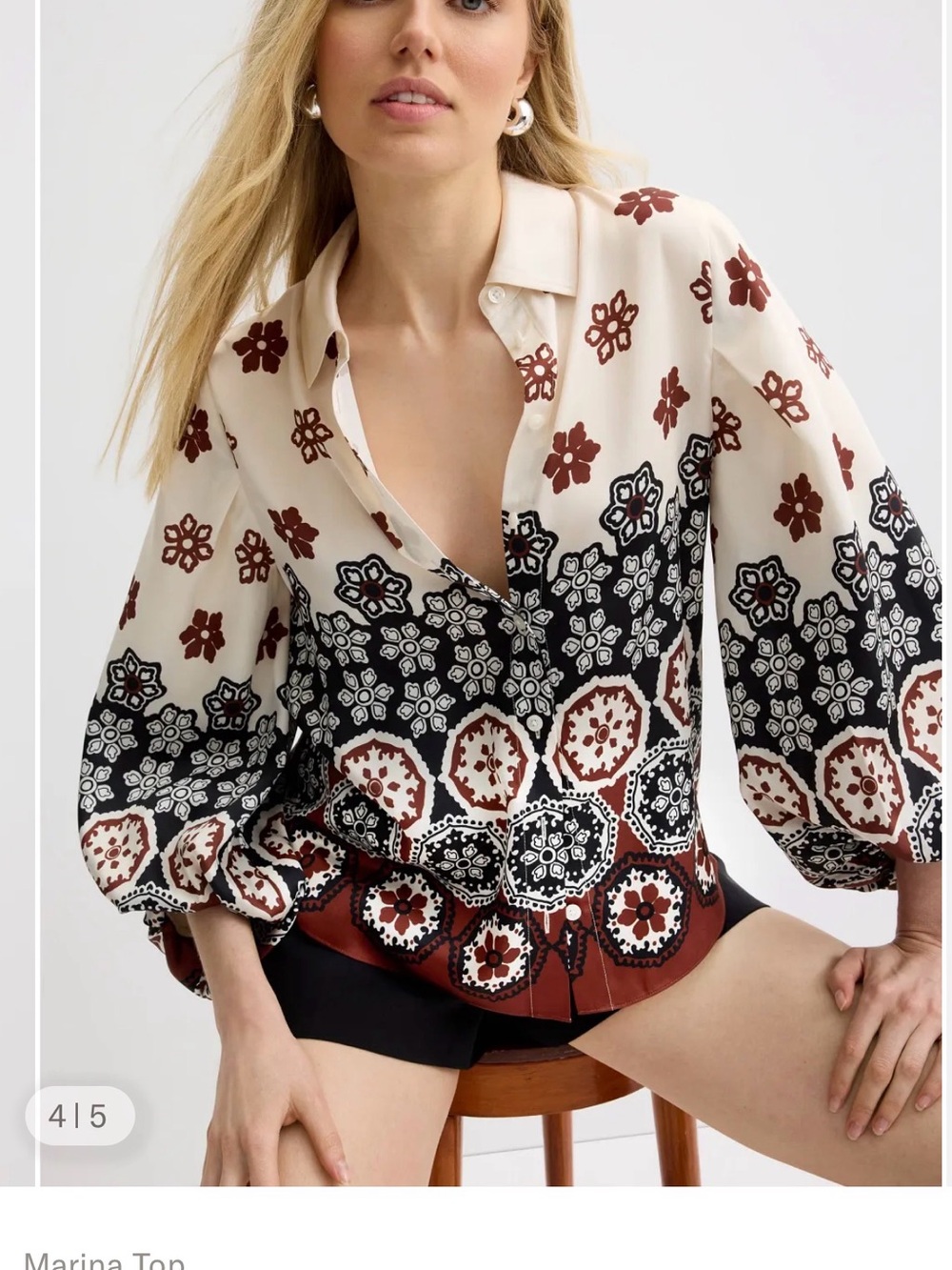 Tanya Taylor Cream Button-Down Blouse with Brown & Black Floral Like New - L